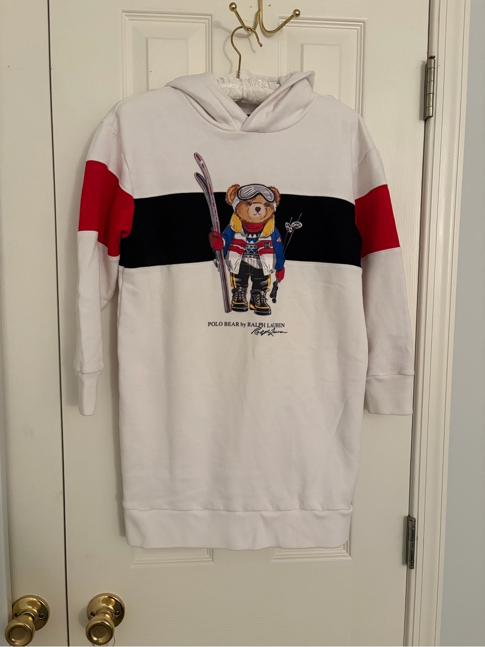 Polo by Ralph Lauren White Hoodie Dress with Black Stripe & Red Accents